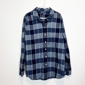 Lands’ End Plaid Button Down Shirt Navy Blue & White Roll Tab Sleeves XL